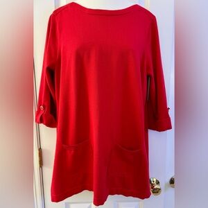 Denim + Company Dress or Tunic Knit red pockets boat neck 3/4 sleeves casual XL